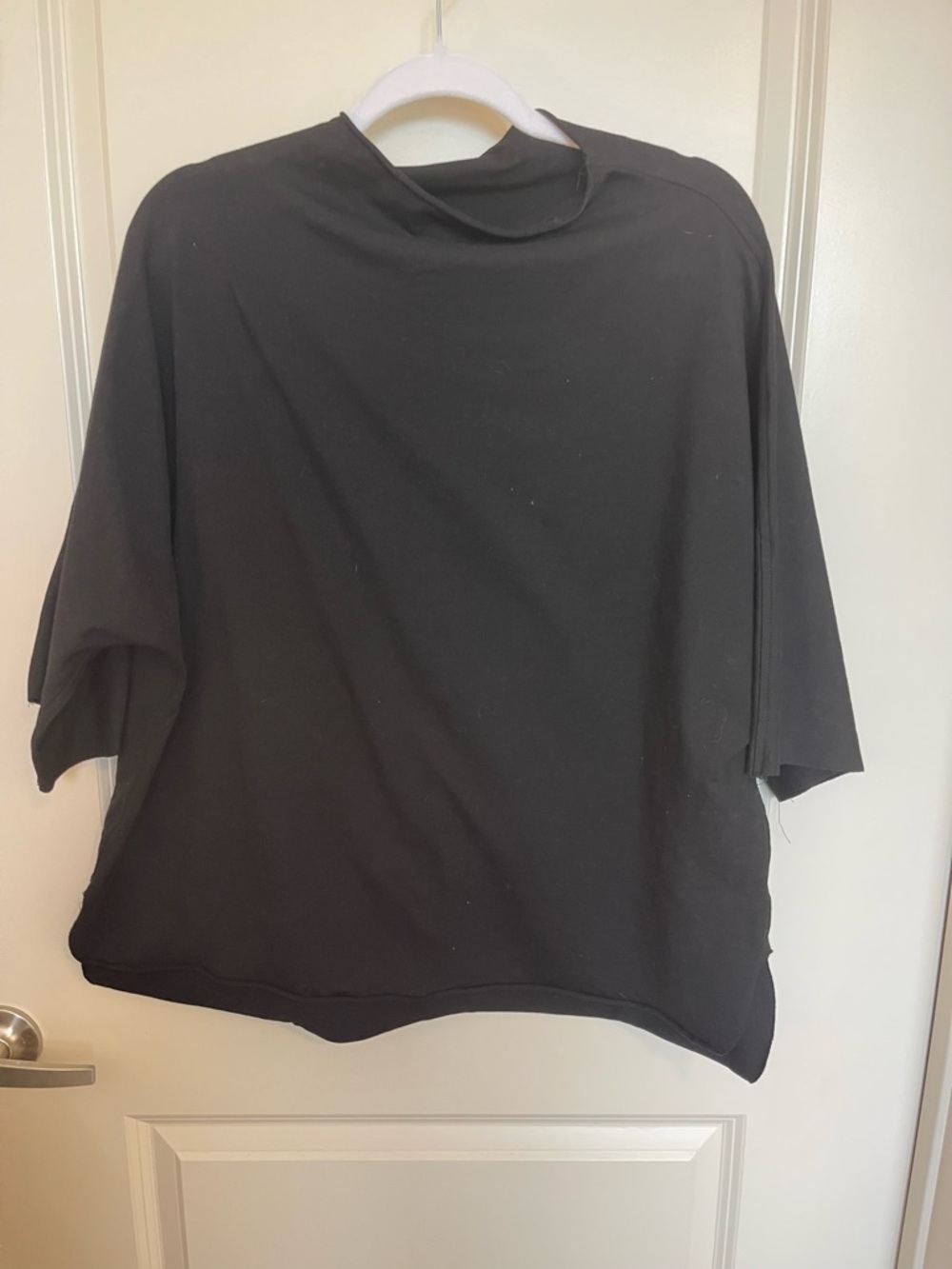 Women's Black Mock Neck Relaxed Jersey Soft Knit Top with Side Slits